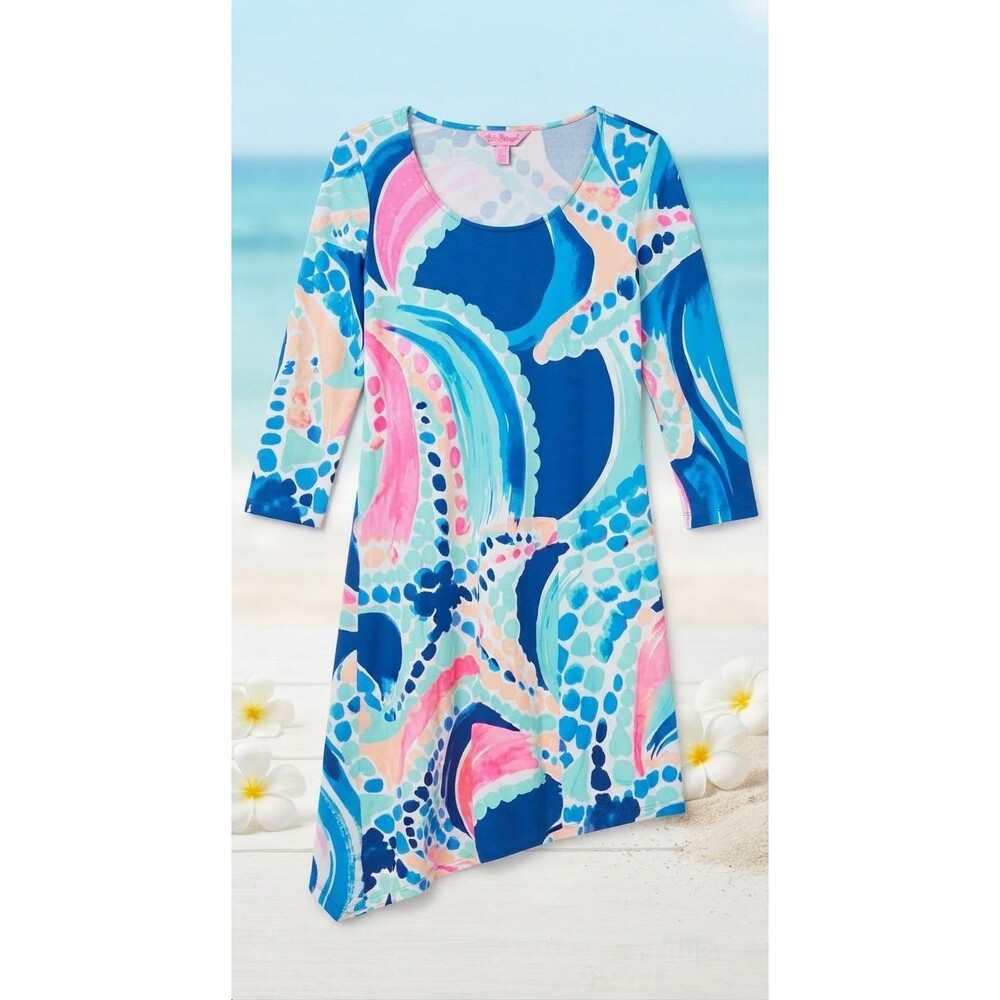 Lilly Pulitzer Ariana Asymmetric Swing Dress XXS Ocean Jewels Starfish 3/4 Slv